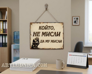 Забавна дървена табела "Мислителят" - Опция за изписване на ваш текст